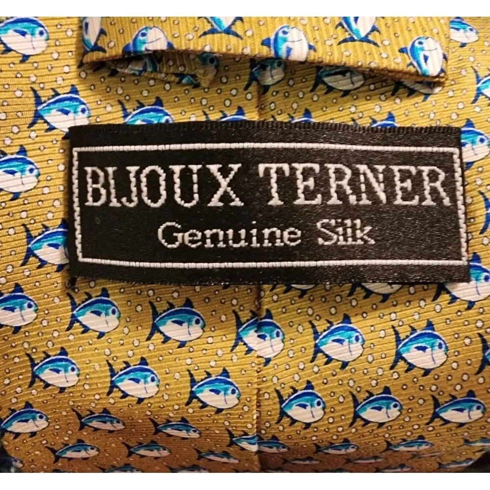 BIJOUX TERNER Men's Genuine Silk Fish Print‎ Handmade Neck Tie Yellow Blue